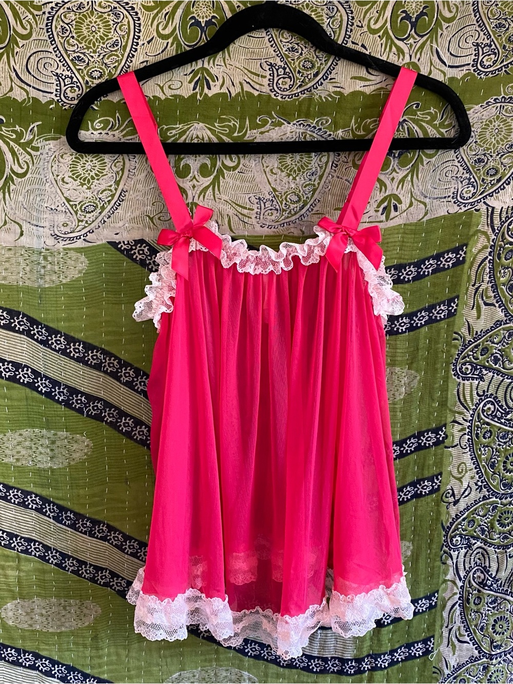 Victoria's Secret Hot Pink/ Ivory Sheer Mesh Babydoll Camisole Large Coquette